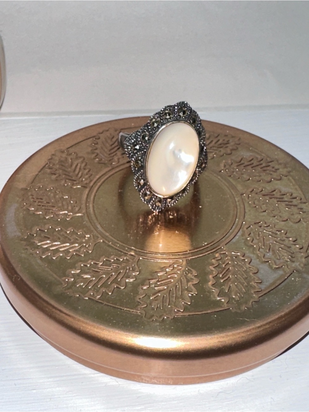 Vintage Art Deco Mother of Pearl & Marcasite Statement Ring Size 7